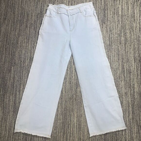NWOT Mello LA Women's Large Light Blue Wash Frayed Seams Wide Leg‎ Jeans Baggy - Picture 1 of 9